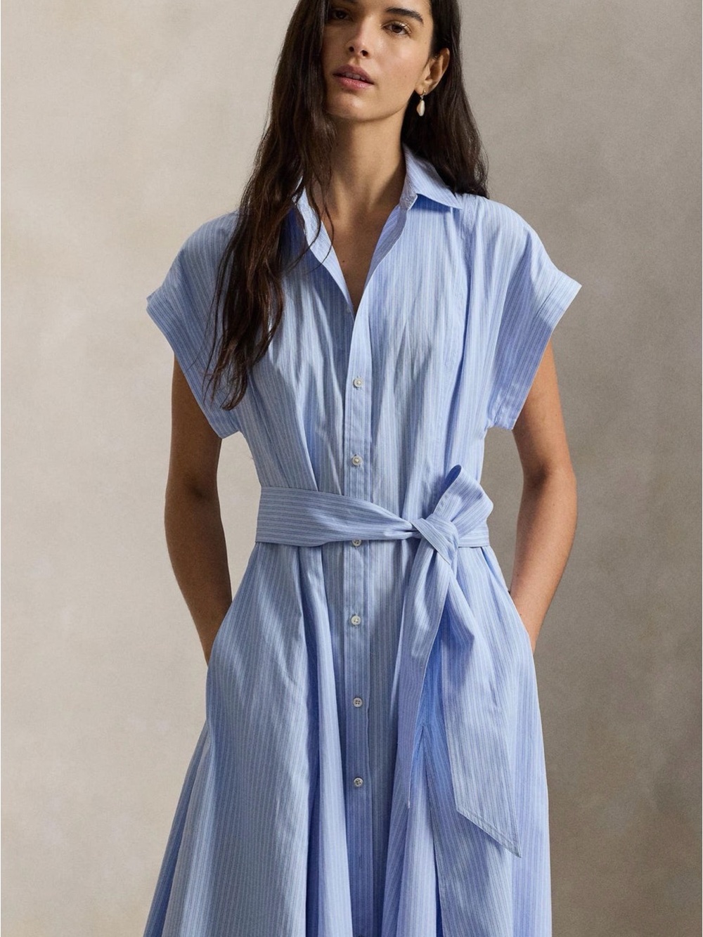 Light Blue Striped Shirt Dress with Waist Tie